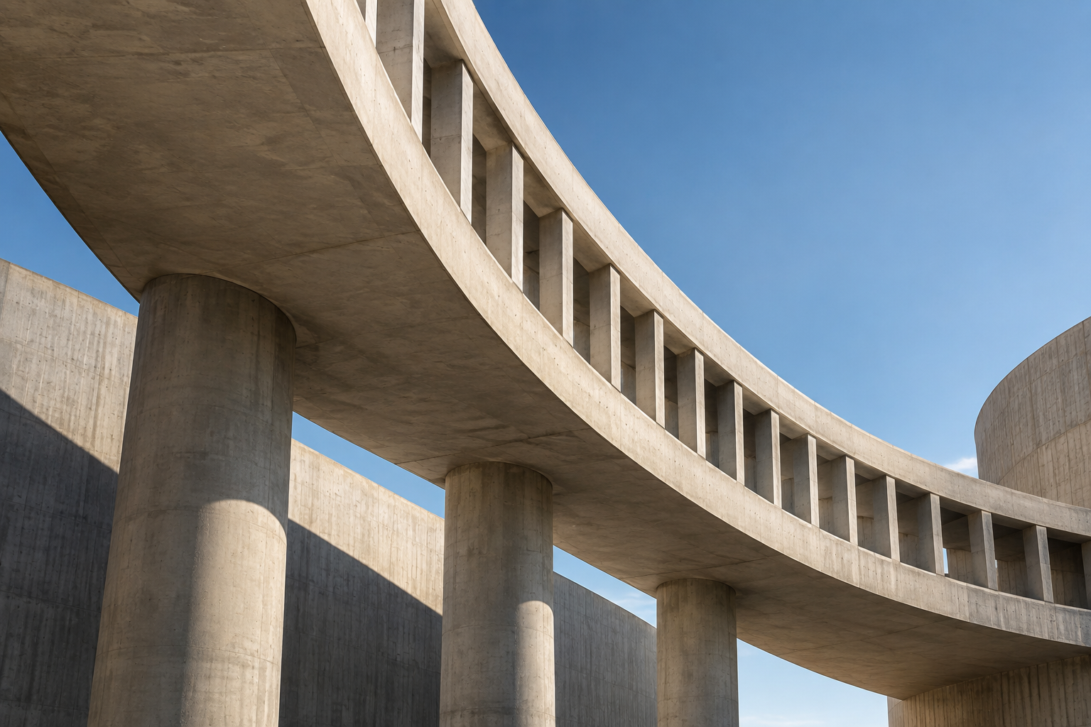 Estructuras arquitectónicas de hormigón conectadas bajo un cielo azul